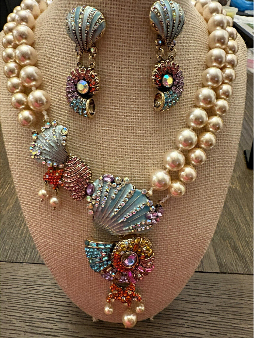 DREJEW Sea Shell  Rhinestone glass Pearl Necklace Earrings